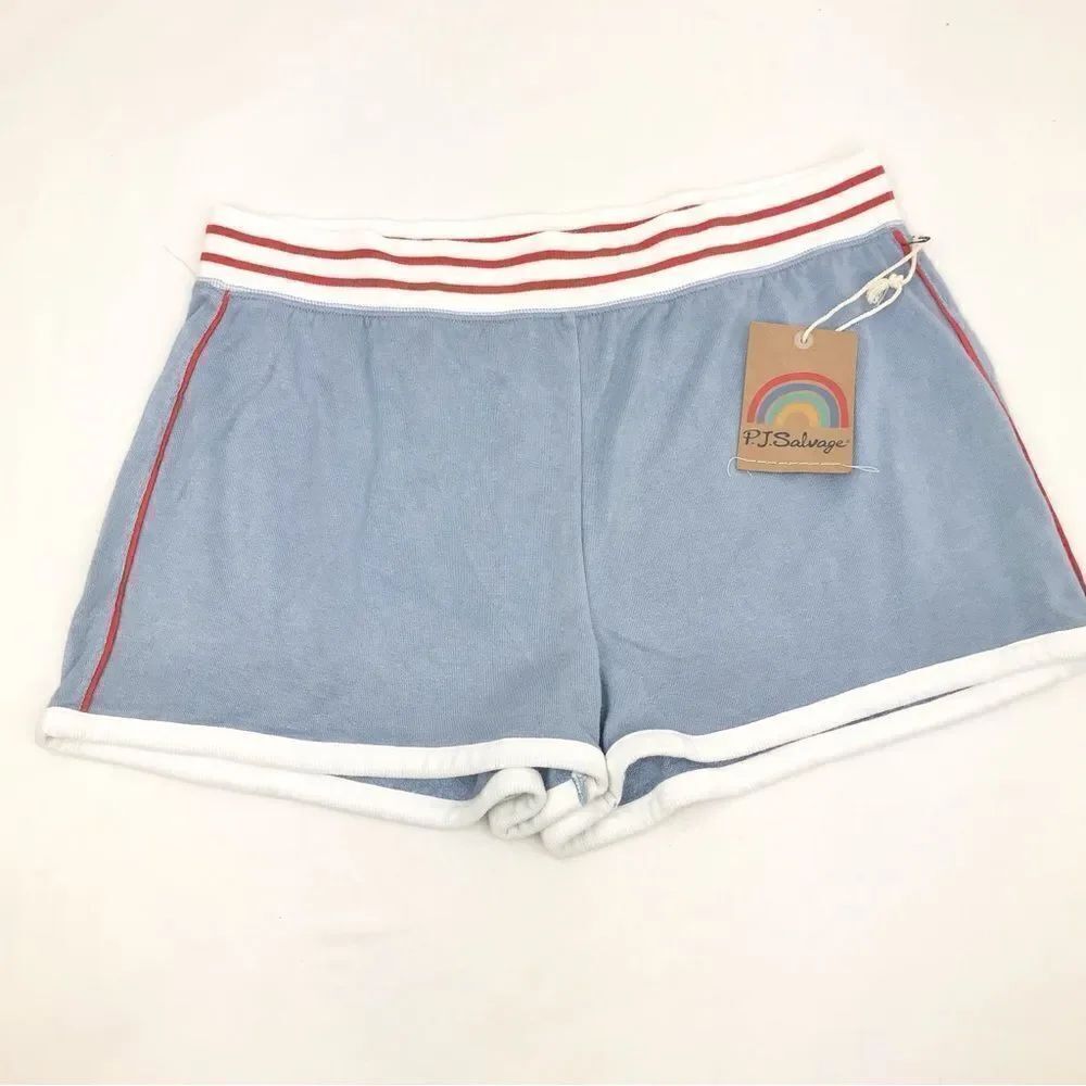 PJ Salvage Light Blue Terry Lounge Shorts with Red White Track Stripe NEW